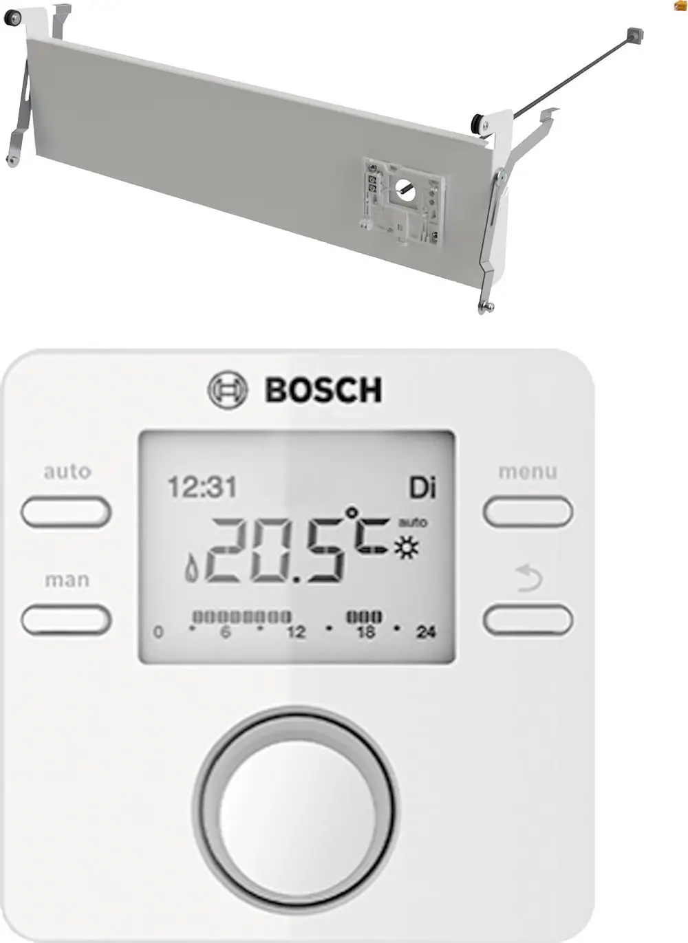 Weißer Heizkörper mit Halterung und digitalem Thermostat von Bosch, zeigt temperatur und Zeiteinstellungen an, mit Drehregler und Tasten für manuelle und automatische Steuerung.